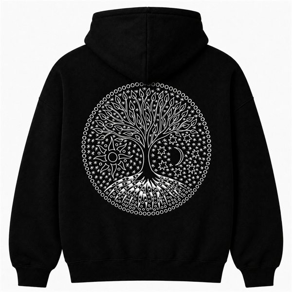 Black hoodie, back: white tree of life inside a circle of sun, moon and stars.