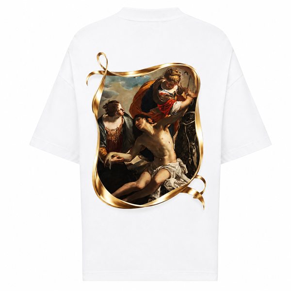 White T-shirt, back: a painted scene inside an irregular gold ribbon frame.