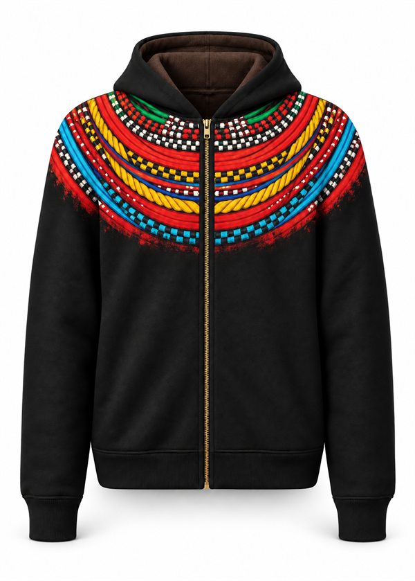 Black zip hoodie, front: beaded collar print across the chest and shoulders.