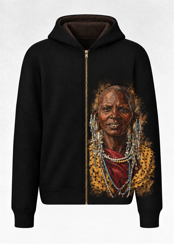 Black zip hoodie, front: painted portrait with beaded ear ornaments.