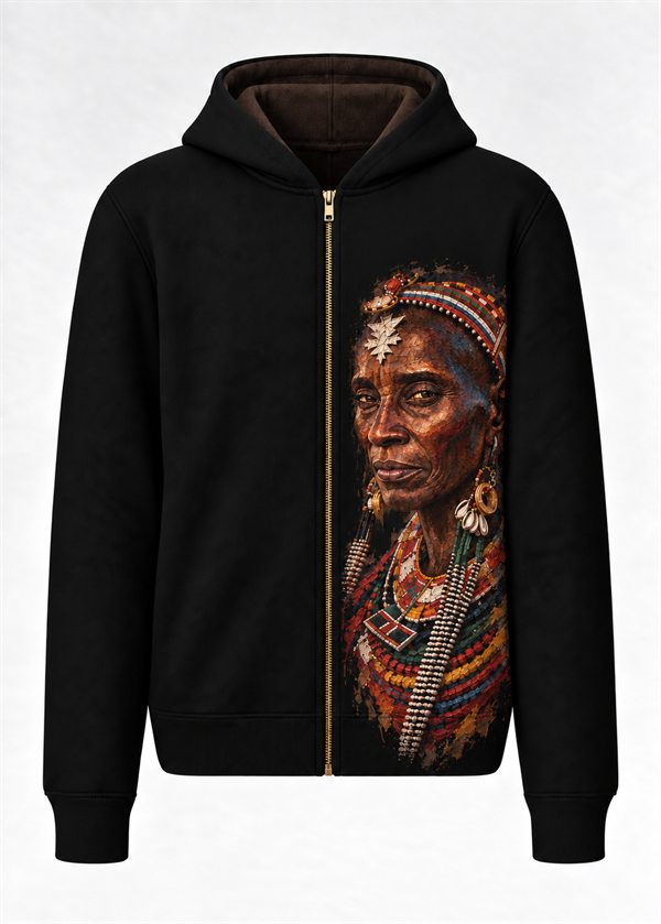 Black zip hoodie, front: painted portrait with beaded headband and necklaces.