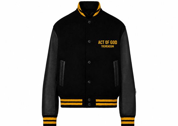 Varsity jacket with gold striped ribbing, front: ACT OF GOD and TREMENDUM at the chest.