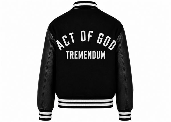 Varsity jacket with white striped ribbing, back: arched ACT OF GOD over TREMENDUM.